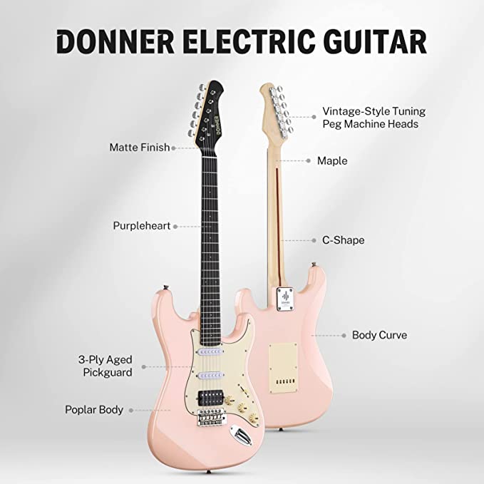 Donner Designer Series DST-200P Elektro Gitar Paketi (Pembe)