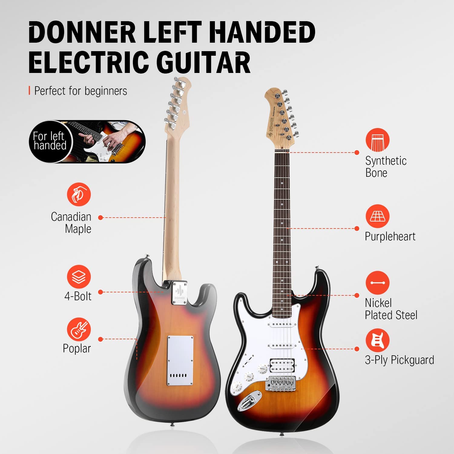 Donner DST-100SL Solak Elektro Gitar Seti (Sunburst)
